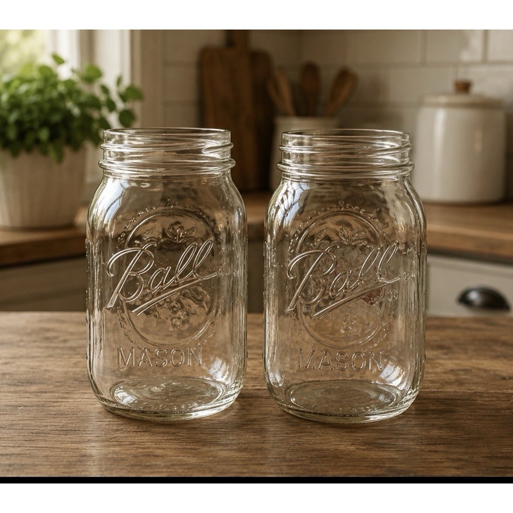 Lot of 2 Ball Mason Quart Jars Embossed Fruit Ribbed Clear USA Vintage & Modern